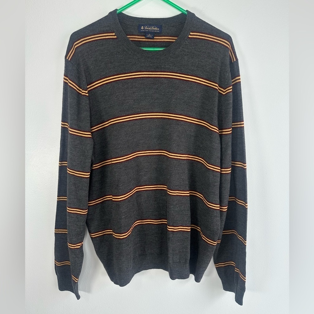 Brooks Brothers Charcoal, Striped Crewneck Sweater Italian Fine Merino Wool XL